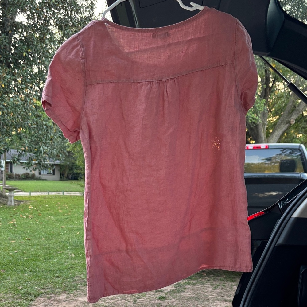 Lina Tomei Linen Top S Pink Rose Embroidered Hem Short Sleeve Boho Resort Cruise - Picture 2 of 4